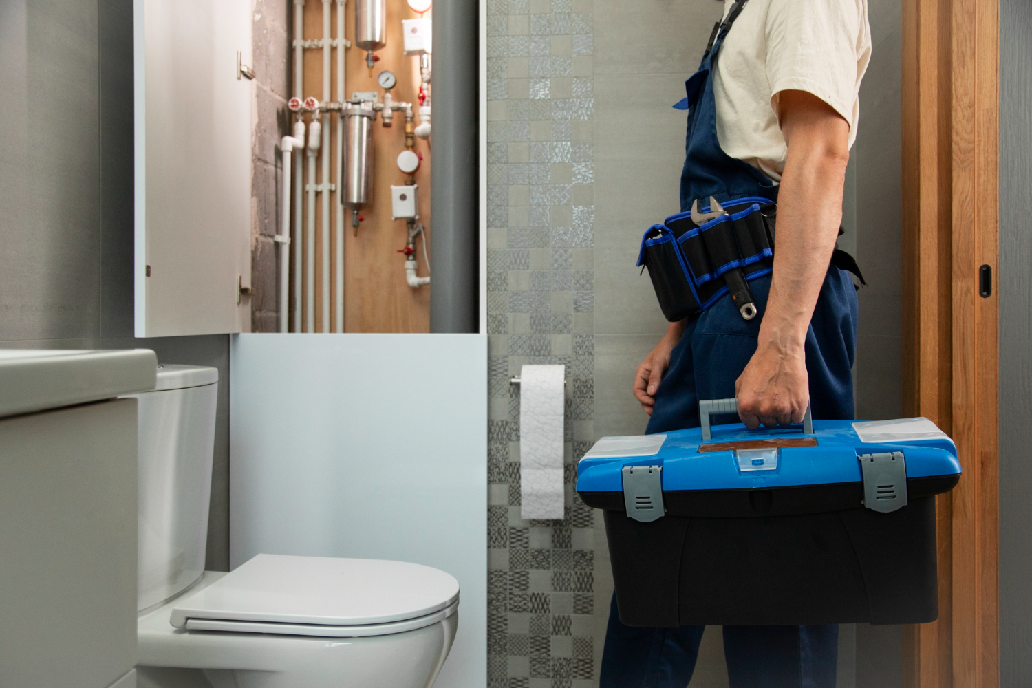 Plombier klimasphère réparant une installation de salle de bain moderne en occitanie